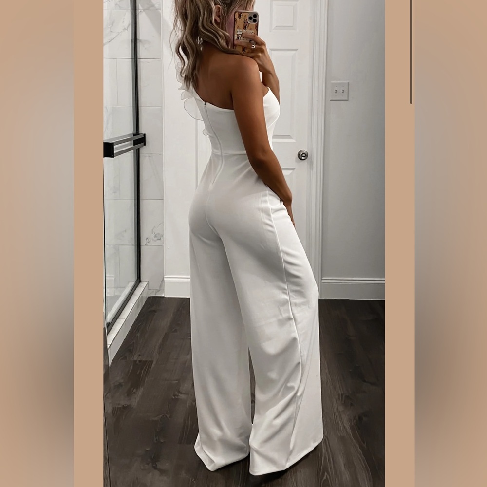 One shoulder white jumpsuit